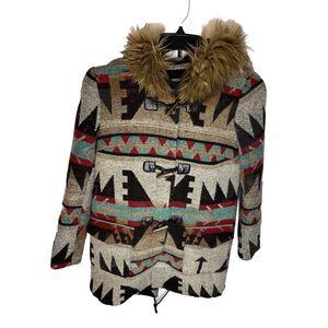 Forever 21 Women's Size‎ S Aztec Print Jacket Toggle Buttons Faux Fur Trim Hood